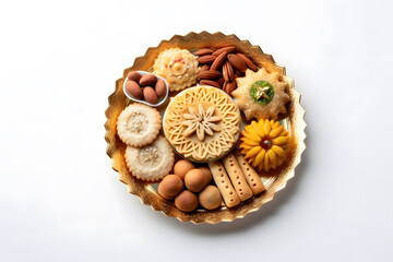 A festive top view of a plate filled with Diwali sweets 
