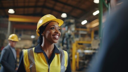 Smiling black female mechanical engineer talking to her colleagues
