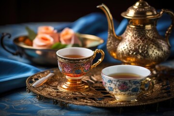 a beautiful Turkish tea set on a table cloth