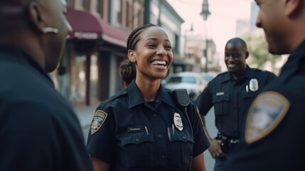 Smiling black female police officer talking to her colleagues - obrazy, fototapety, plakaty