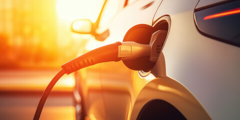 Close up charging an electric car battery, new innovative technology EV Electrical vehicle, horizontal wallpaper.