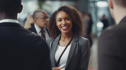 Smiling black female politician talking to her colleagues