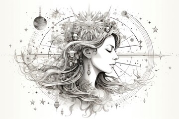 monochrome astrology illustration with woman  - obrazy, fototapety, plakaty