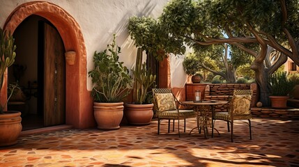 Fototapeta na wymiar Mediterranean Retreat Terra: cotta tiles, wrought iron furniture, and olive trees, outdoor design, patio, generative Ai