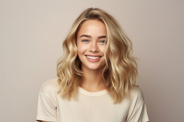 Generative AI portrait attractive young blonde hair girl smiling beauty concept isolated pastel color wall background