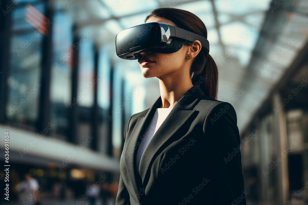 Aufkleber generative ai collage photo of manager person using vr box gadget device for work