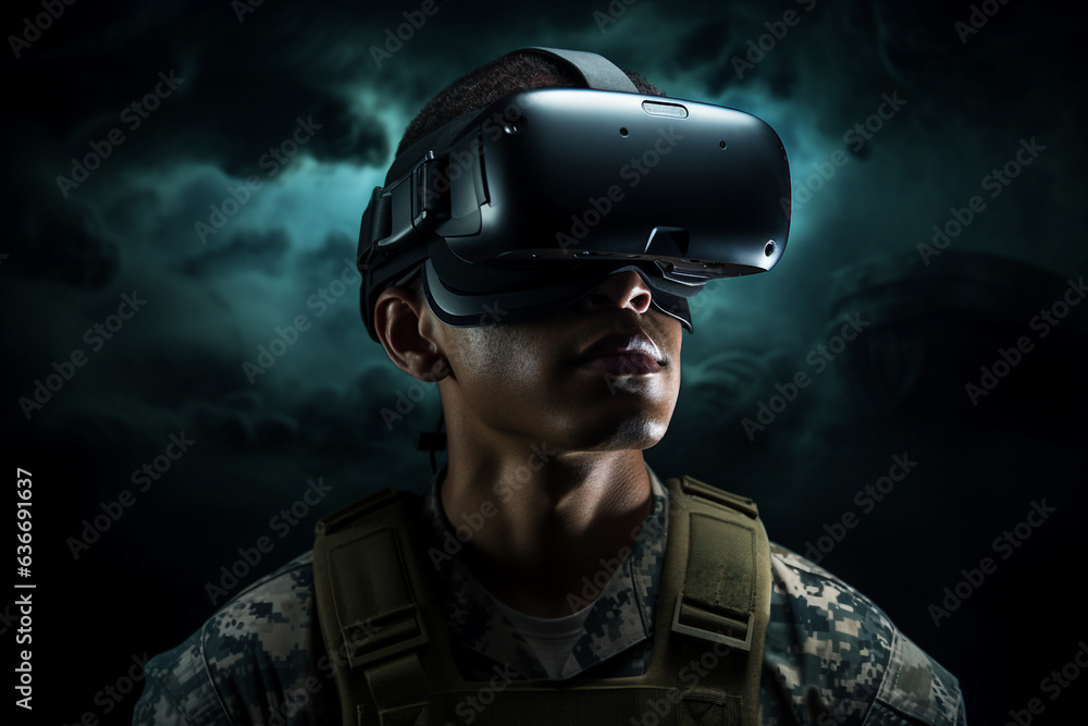 Poster generative ai collage photo of gamer soldier using device gadget for virtual reality simulation