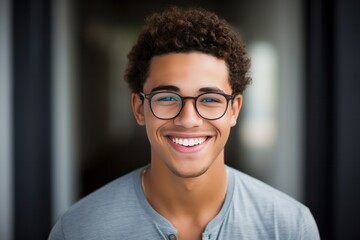attractive mixed race guy wearing glasses and smiling closeup portrait