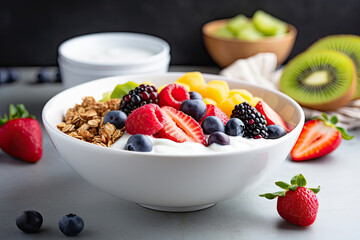 A  bowl with an assortment of fresh, ripe fruit, including strawberries, blueberries, raspberries, mango, kiwi and grapes, with a spoonful of Greek yogurt and a sprinkle of granola, 