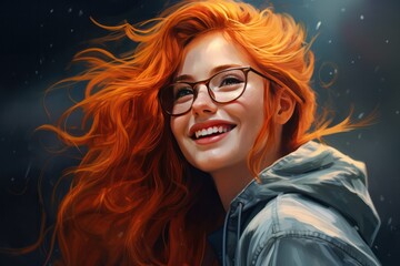 beautiful red hair woman smiling wearing glasses portrait illustration