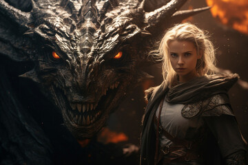 Generative ai collage photo of warrior with dragon fight in fantasy magic combat battle