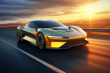 Obraz na płótnie Canvas Image generative ai powerful acceleration of futuristic sports supercar on neon night highway track with colorful lights and trails