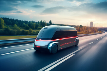 Picture of futuristic fast self-driving modern car on evening city roads under cloudy sky made by...