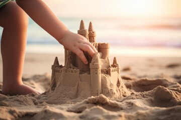Unrecognizable children hands child kid son daughter baby building sand castle on summer coastline sandy beach masterpiece holidays seashore seaside game build house on sea coast childhood vacation