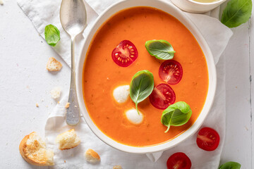 Healthy tomato soup with mozzarella cheese and crostini.