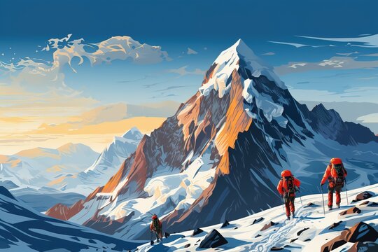 Illustration of a group of climbers walking on a mountain path