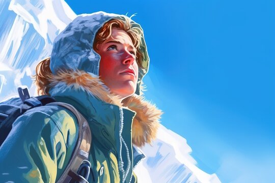 Illustration. Portrait of a brave and beautiful woman climber in a mountain on a clear cky background