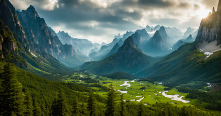 Majestic Mountain Landscape and Valley. A breathtaking mountain landscape unfolds, with towering peaks in the distance. Below, a lush green valley stretches out under the radiant daytime sky. 