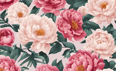 Floral wallpaper with pink peonies. Generative AI.