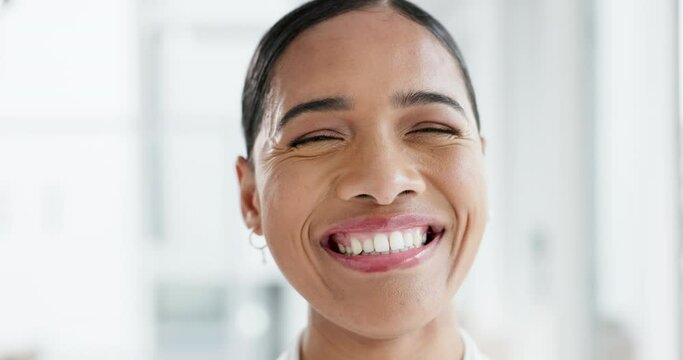 Funny, laughing and professional with business woman in office for pride, empowerment and designer. Manager, confident and entrepreneur with portrait of employee in startup agency for creative career