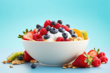 A  bowl with an assortment of fresh, ripe fruit, including strawberries, blueberries, raspberries, mango, kiwi and grapes, with a spoonful of Greek yogurt and a sprinkle of granola, 