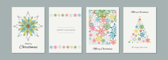 Merry Christmas and Happy New Year Set of greeting cards, posters, holiday covers. Modern Xmas design with colorful snowflakes and Christmas tree, decoration elements.