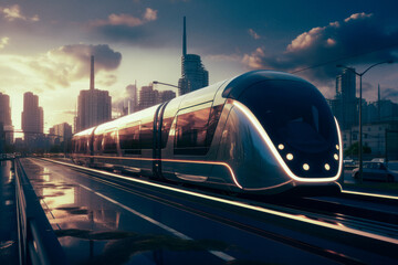 futuristic electricT train drive futuristic city