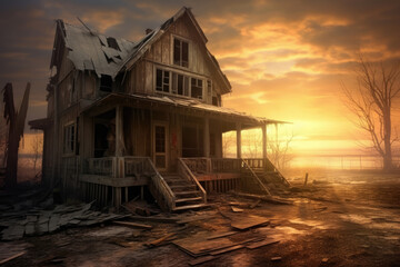 Old abandoned house on the beach at sunset golden light