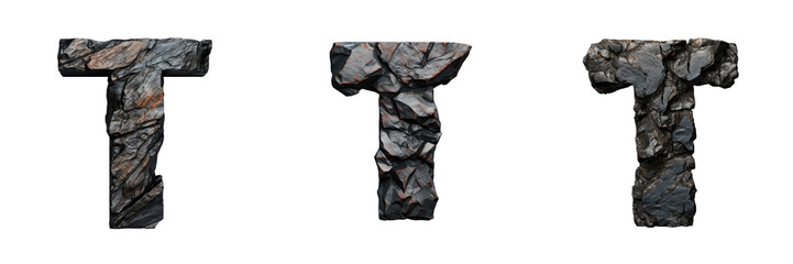 Rocky black metal stone style lowercase T with rough rock texture in shiny metallic surface isolated on transparent background