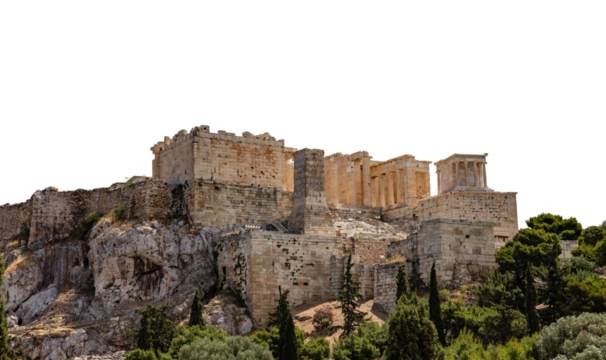 Acropolis propylaea gate isolated on white transparent background, PNG. Athens, Greece. 