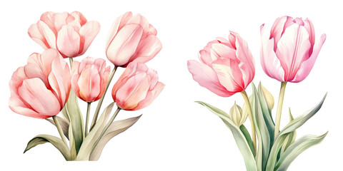Pink tulips painted with watercolors - obrazy, fototapety, plakaty