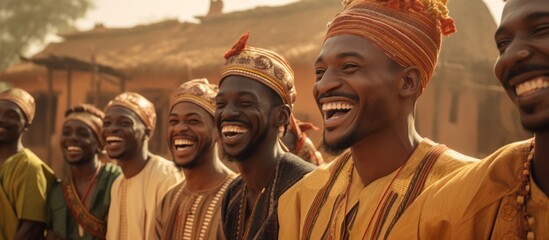 Men of African descent wearing traditional outfit smiling and laughing together.