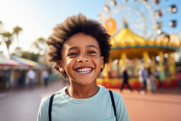 Generative AI illustration funny little kid visiting amusement park summer holidays joyfully smiling best day leisure