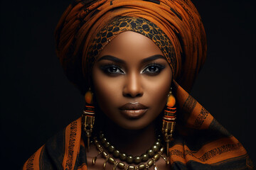 Portrait of African American ethnicity woman in turban with African traditional print Generative AI