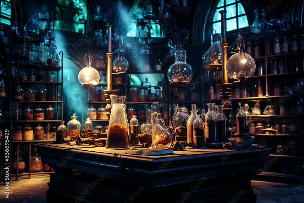 Poster generative ai collage image picture of alchemist lab with potion cauldron for making magical dark sp