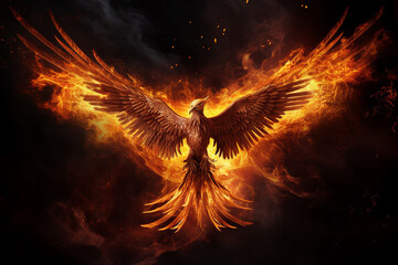 Generative ai photo collage of flying red burning bird phoenix with wire wings rebirth