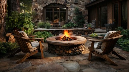 Rustic Elegance Outdoors: Reclaimed Wood, Stone Fire Pit & Antique D&eacute;cor, outdoor design, patio, generative Ai
