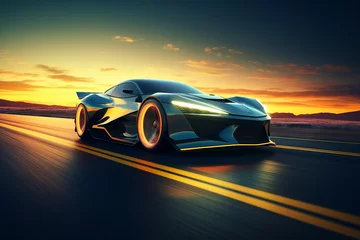 Zelfklevend Fotobehang Image generative ai powerful acceleration of futuristic sports supercar on neon night highway track with colorful lights and trails © Tetiana