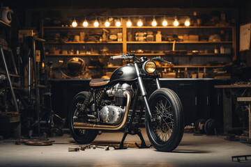Photorealistic generative ai artwork of vintage classic motorcycle in iluminsted garage