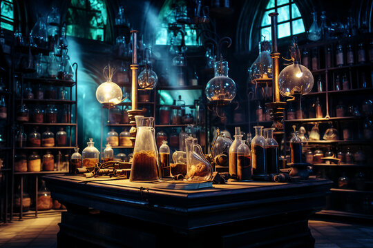 Generative ai collage image picture of alchemist lab with potion cauldron for making magical dark spell