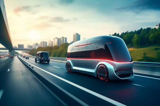 Picture of futuristic fast self-driving modern car on evening city roads under cloudy sky made by generative ai technology