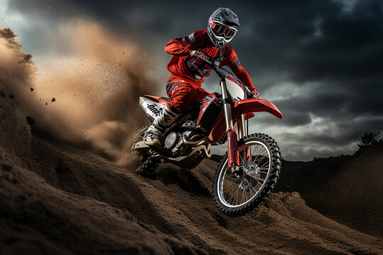 Created using generative AI image of rider driving in extremely risky motocross race on a dirt sandy track