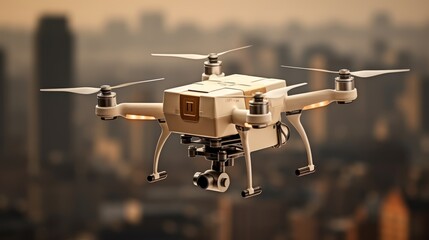 The future of logistics takes flight as a drone soars through the skies, carrying cargo with precision and efficiency. Technological innovation at its finest.