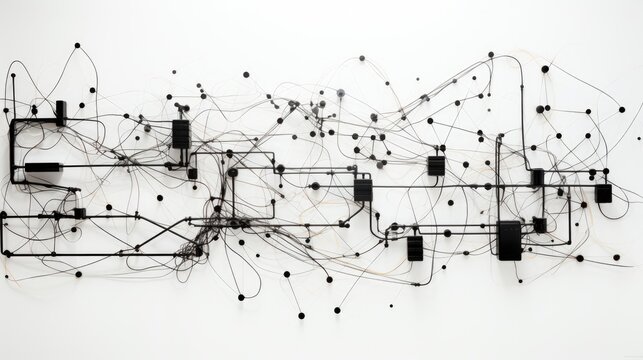 An abstract image of various cables, chargers and connectors elegantly arranged on a white canvas.