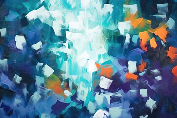 Oil painting abstract background with random blue and orange brush strokes on a white canvas