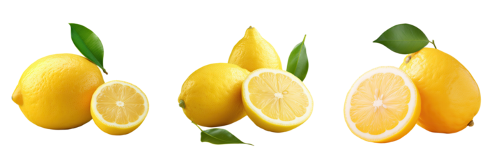 Lemon fruit whole and half transparent background