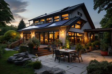 casa de campo moderna de dos plantas con terraza en atardecer , con cielo azul y rodeada de arboles, ilustracion de IA generativa