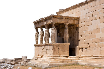 Athens, Greece. Erechtheion with Cariatides Porch on Acropolis hill isolated on white transparent background, PNG.