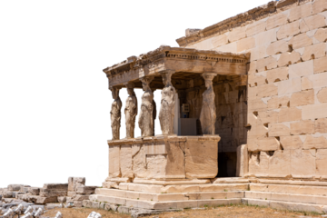 Athens, Greece. Erechtheion with Cariatides Porch on Acropolis hill isolated on white transparent background, PNG.