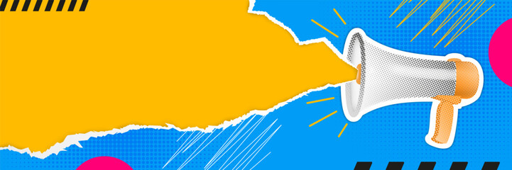 Megaphone background. Pop art banner, collage for sale, loudspeaker power, retro horizontal banner. Promotional poster. Bright colorful backdrop. Public speech. Vector advertising template